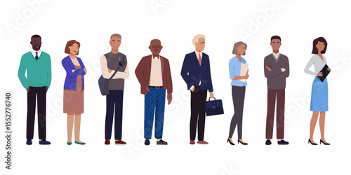 Diverse group of men and women standing in a line dressed in business casual attire