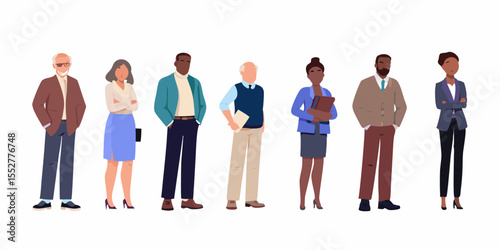 Diverse group of professionals standing together in business attire on white background