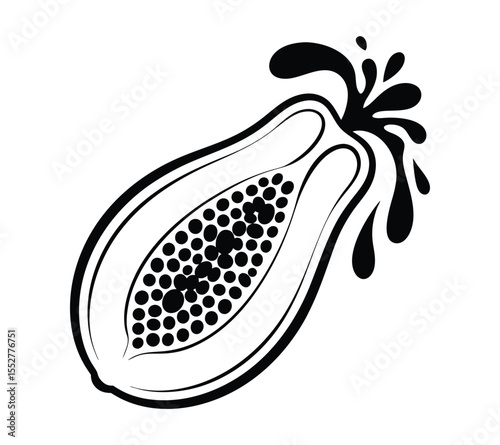 Fresh fruit and juice concept logo, featuring a sliced papaya in a simple black ink style on white background