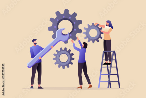 Teamwork and collaboration to assemble complex machinery with gears and tools