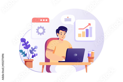 Man working on laptop with growth chart and settings icon
