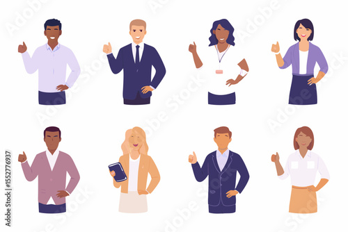 Diverse group of business professionals giving thumbs up and smiling