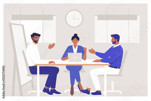 Diverse team collaborates around a table with a laptop and whiteboard