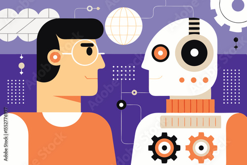 Man and robot facing each other with technology elements in the background