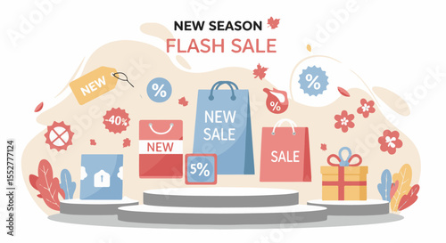New Season Flash Sale with Shopping Bags and Promotional Elements. Floating promotional elements like price tags, percentage signs, and leaves in a soft palette convey a fresh, exciting retail event.