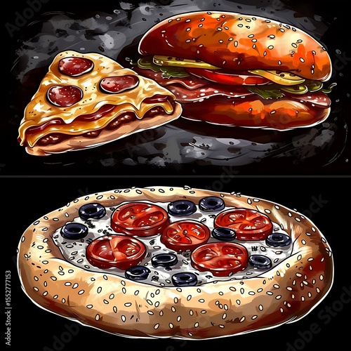 Wallpaper Mural Illustrative depiction of delectable fast food: Pizza, burger, simit with colorful toppings Torontodigital.ca