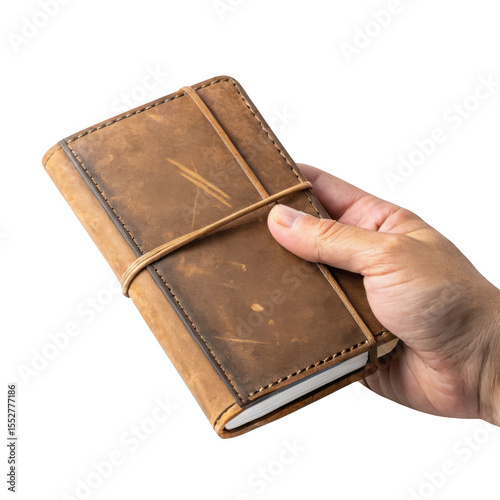 Hand holding vintage leather notebook isolated on transparent background