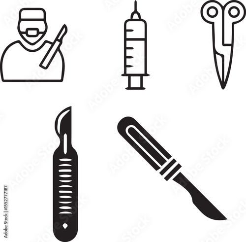 Set of sterile surgical instruments including scalpel, scissors, forceps, and clamps for hospital operations, medical procedures, and healthcare equipment