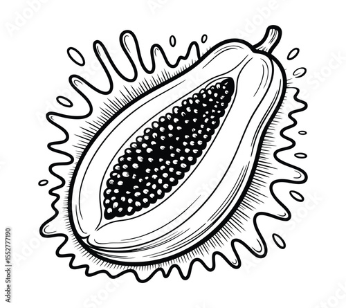 Black papaya fruit icon with juice splash, a stylized vector logo for healthy tropical food on white background