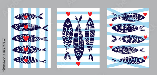 Interior poster with sardines and hearts. Cute set. Vector illustration