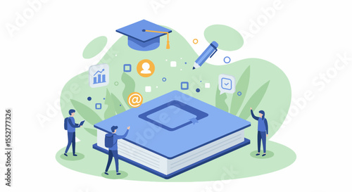 Dynamic Online Learning and Knowledge Acquisition Concept. An illustration of online learning with figures interacting with a book and digital education icons.