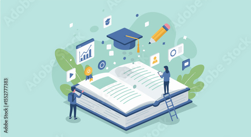 Dynamic Online Learning and Knowledge Acquisition Concept. An illustration of online learning with figures interacting with a book and digital education icons.