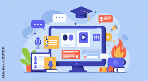 An illustration of a digital learning platform with a monitor displaying courses and various online education icons.