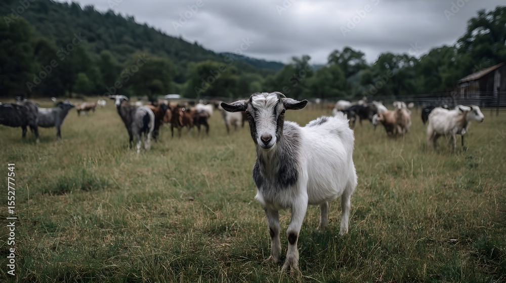 Fototapeta premium Herd of goats grazing peacefully in a lush countryside pasture