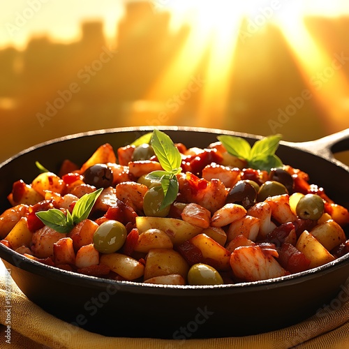 Wallpaper Mural Mediterranean delight: potatoes, olives, and tomato sauce in a skillet against sunlit backdrop Torontodigital.ca