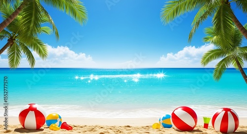 Vibrant beach scene with palm trees and colorful beach balls under a bright blue sky