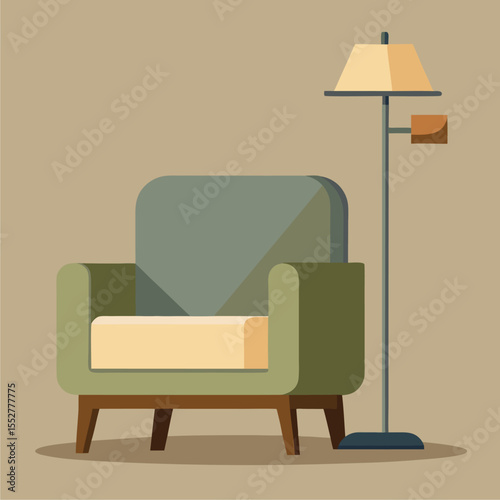 Modern Green Armchair and Floor Lamp Stylish Home Interior Design Illustration