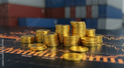 Gold coins stack with financial graph and cargo containers. Global trade and commerce concept. Economy growth with import export shipment data.