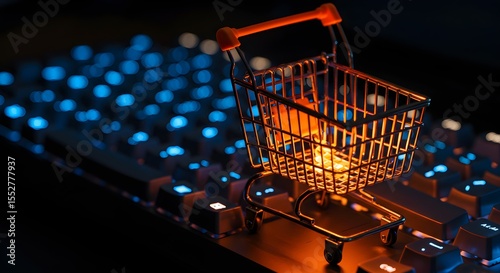 Miniature shopping cart illuminated on a computer keyboard with blue backlights. E-commerce and online retail concept.
