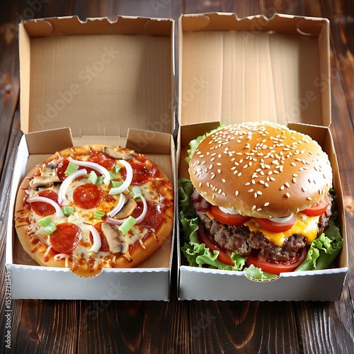 Wallpaper Mural Pizza and Burger in Takeout Boxes: A Delicious Fast Food Combination on Rustic Wood Torontodigital.ca