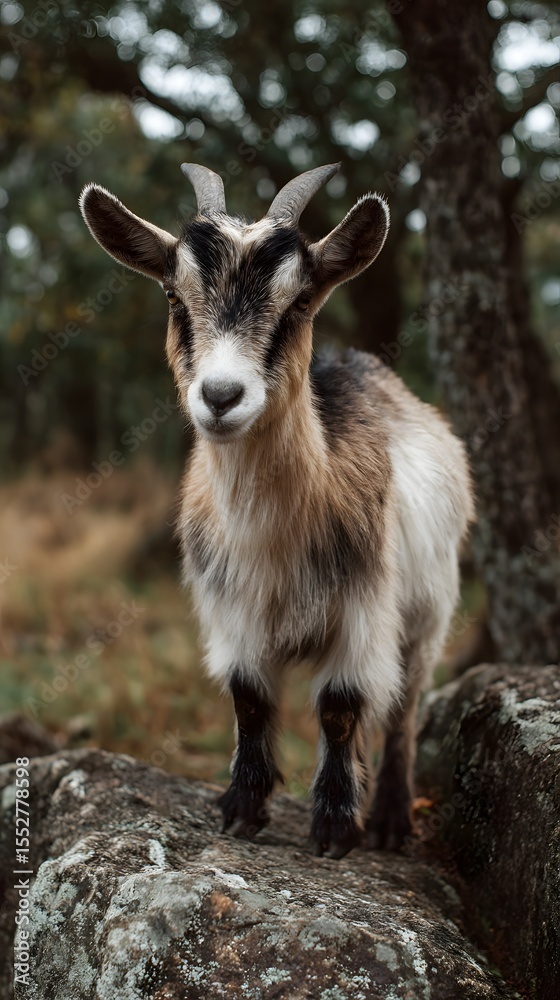 Obraz premium Curious goat standing on a rock in a rural farm setting