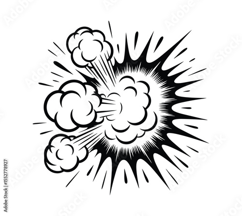 Comic book style explosion vector, a black and white bomb blast illustration with a smoke cloud and action lines on white background