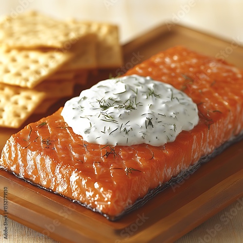 Wallpaper Mural Smoked salmon fillet with creamy dill sauce and crackers on wooden board Torontodigital.ca