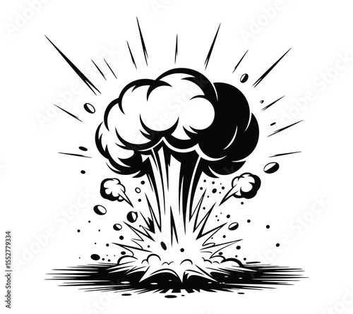 Boom and bang comic sound effect, a powerful cartoon blast with a smoke puff and radial lines drawn in a pop art style on white background