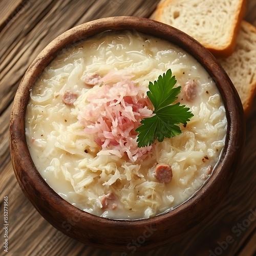 Wallpaper Mural Traditional bavarian cabbage soup served in rustic wooden bowl with sliced bread Torontodigital.ca