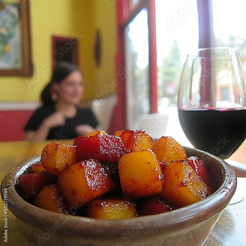 Wallpaper Mural Tapas delight: Patatas bravas and a glass of red wine in a cozy bistro setting Torontodigital.ca