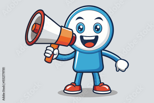 Cheerful Announcer Cartoon Character with Megaphone Making Announcement