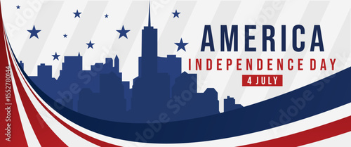 banner for the 4th of july with text american independence day with urban silhouette background Free Vector and Free SVG