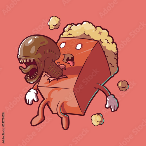 Scary Popcorn Character with Alien Emerging vector illustration. Mascot, movie design concept.