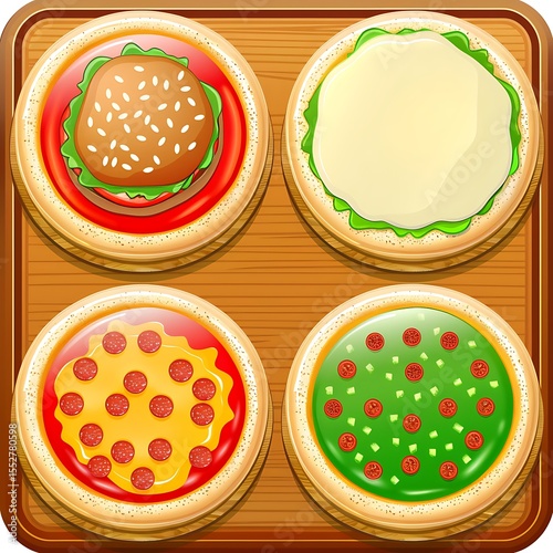 Wallpaper Mural Whimsical collection of illustrated pizzas and hamburger served on a wooden tray Torontodigital.ca