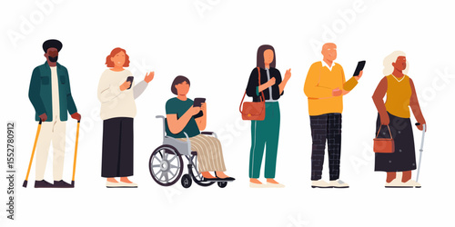 Diverse group of people with disabilities and ages using mobile phones