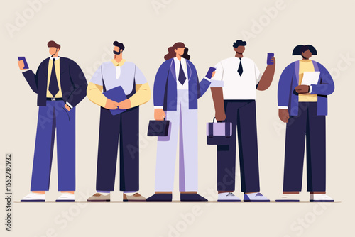 Diverse group of professionals in business attire holding phones and briefcases