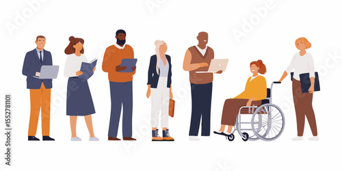 Diverse group of professionals including a person in a wheelchair standing together