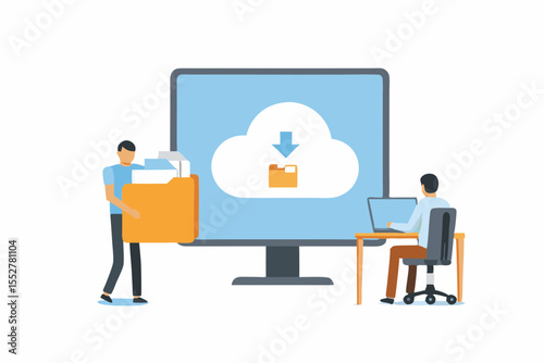 Man downloading files from cloud storage to computer and folder