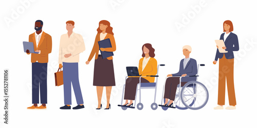Diverse group of professionals including people with disabilities in a modern office setting