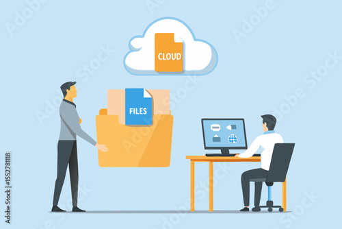 Man accessing cloud storage and digital files from computer at desk