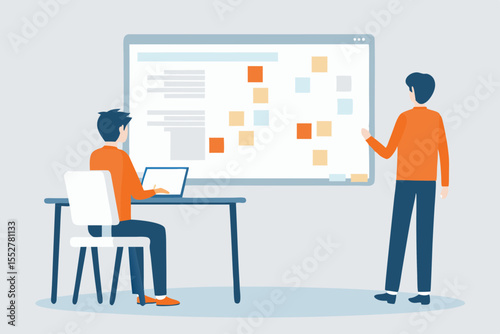 Two people collaborate on a project using a digital whiteboard and laptop