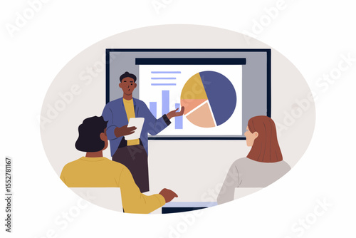 Man presenting financial data charts and graphs to colleagues in a meeting
