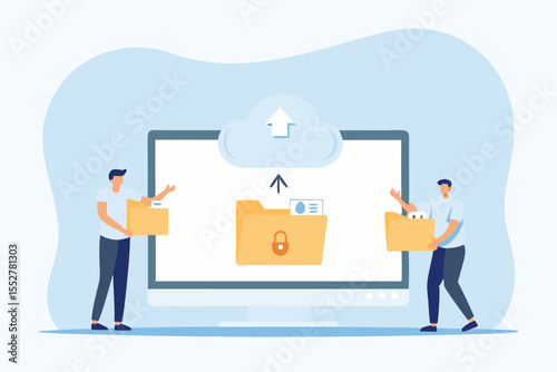 Two people uploading and downloading files to and from a secure cloud storage system
