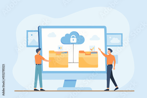 Two people interact with a computer displaying cloud storage and file management concepts