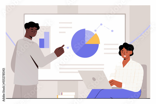 Two people collaborating on a business presentation with charts and graphs
