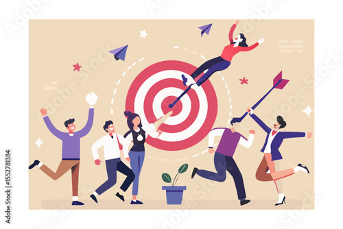Diverse team celebrates success by hitting target with arrow and paper airplanes