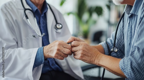 Doctor is examining an elderly patient with stethoscope in his office