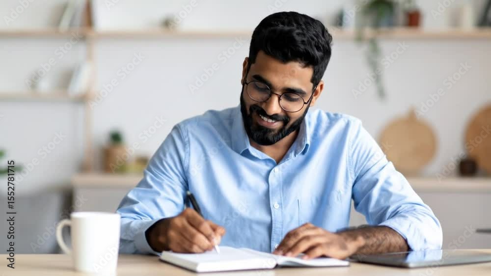 A man in a light blue shirt, wearing glasses, is taking notes in a notebook at a wooden table A man in a light blue shirt, wearing glasses, is taking notes in a notebook at a wooden table