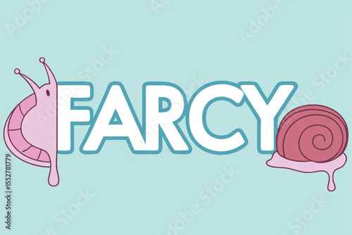 Pink cartoon snails flanking white text on blue background
