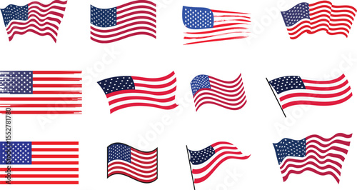 American flag set, USA waving flag collection, united states flag